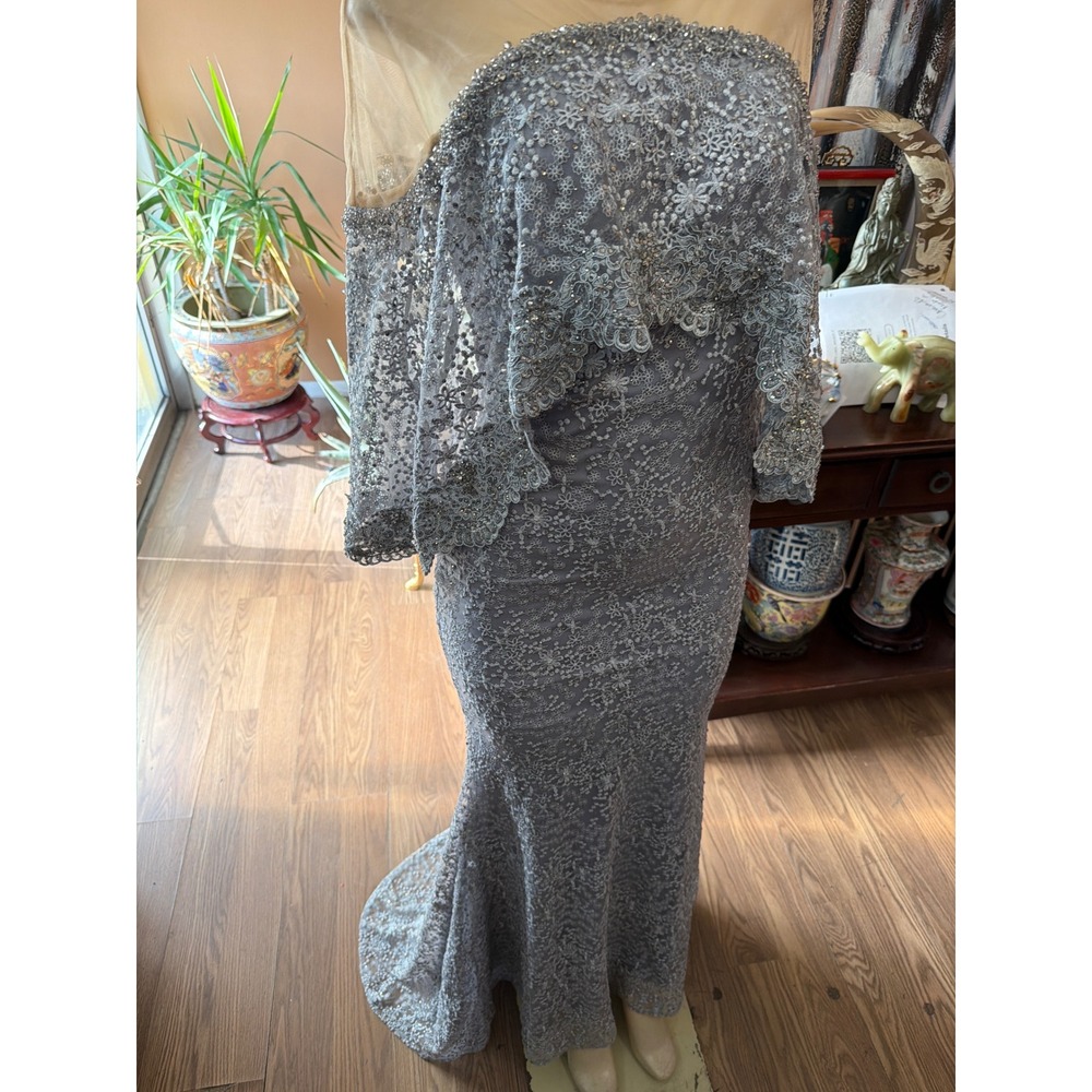 Mac Duggal Pearl Gray Lace Sequin Mermaid‎ Gown 20072 High Neck Dress NWT